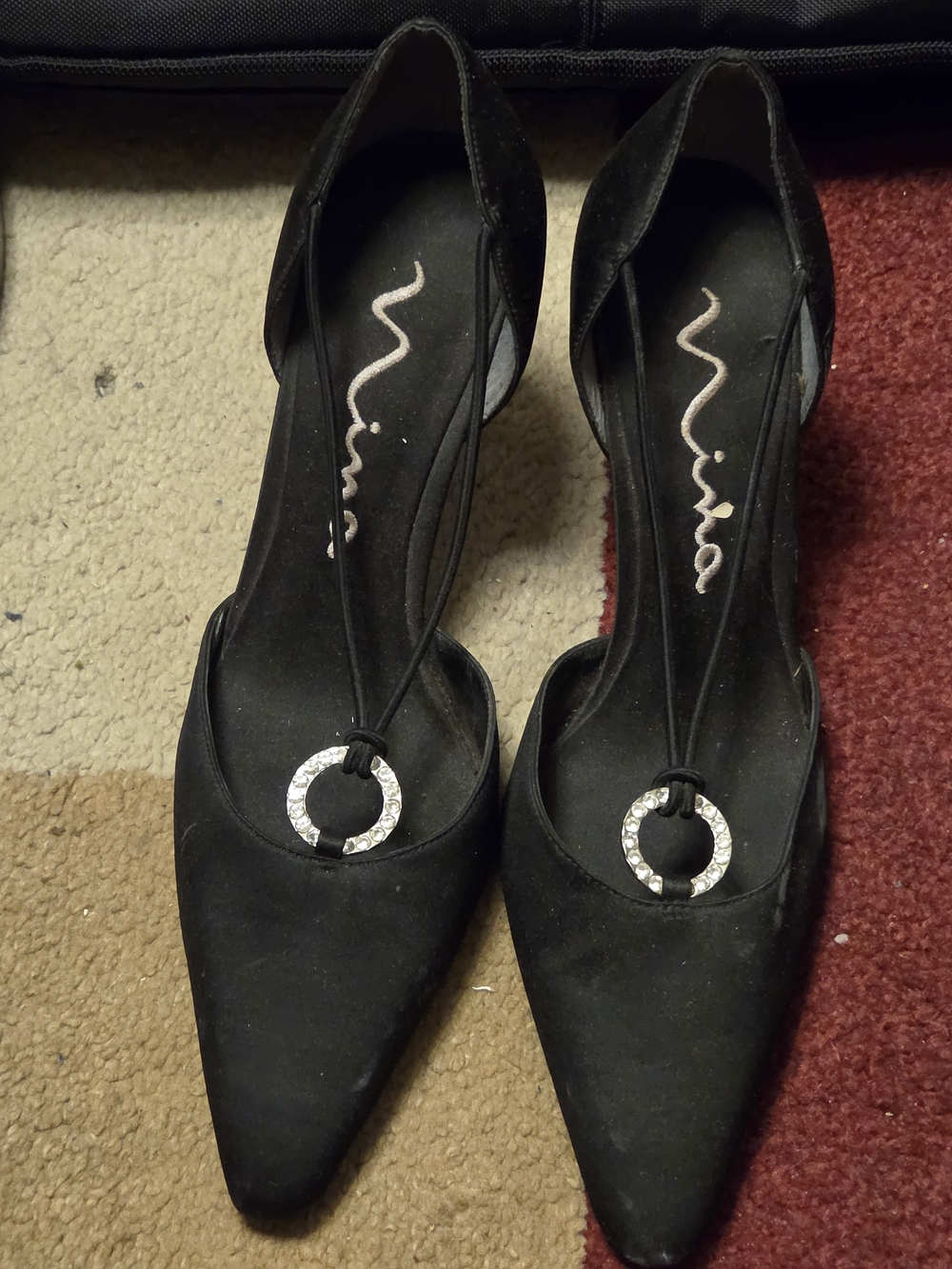Nina Black Pointed Slingback Heels with Rhinestone Ring